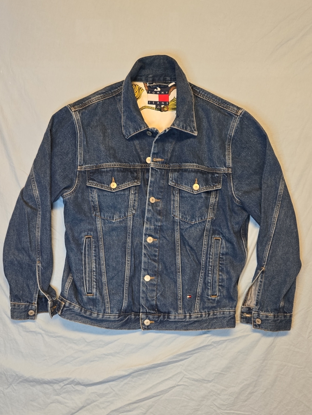 Tommy Hilfiger Dark Blue Denim Big Spellout Logo Lined Jacket Vintage 90s